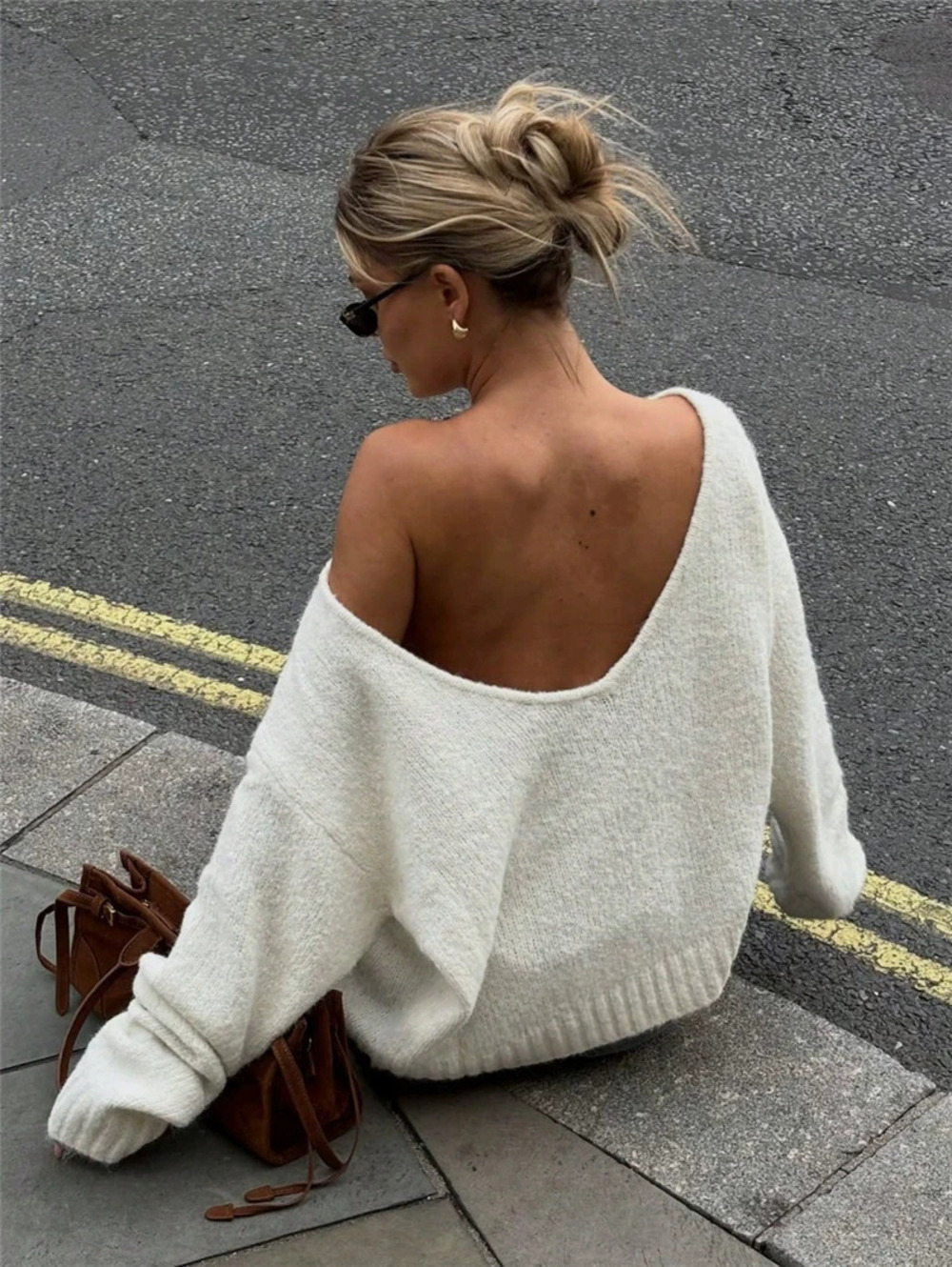 Zara Fall Winter Drop Shoulder Long Sleeve Solid Basic Backless Knit Sweater